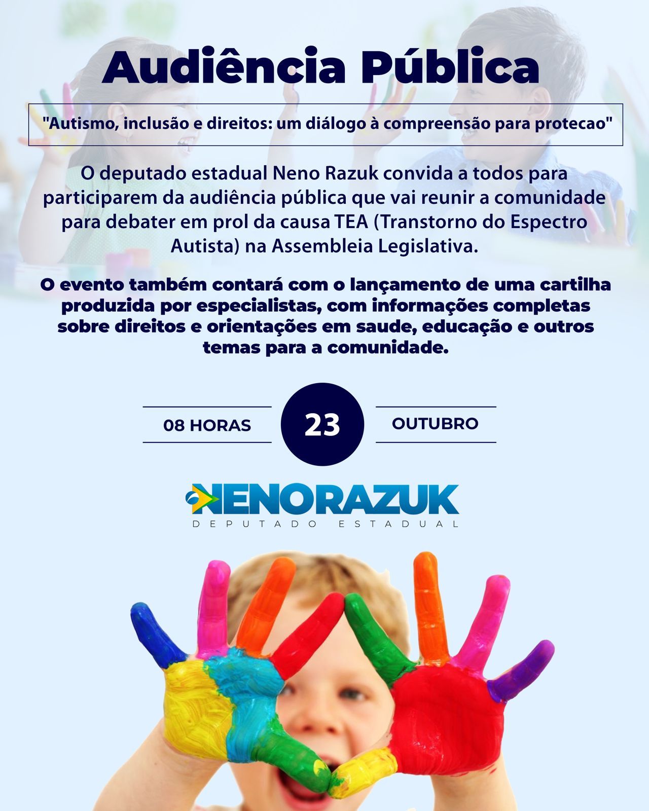 Proposta por Neno Razuk, lançamento de cartilha e audiência pública sobre TEA terá palestras de especialistas no tema na Assembleia Legislativa